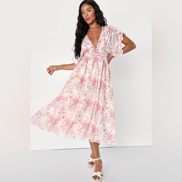 Lulus Dresses & Skirts - Eclectic Elegance Blush Floral Jacquard Lace-Up Midi Dress NWT